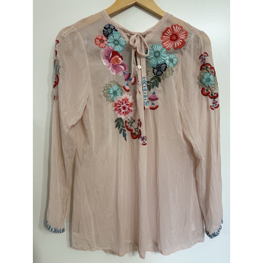 Johnny‎ Was light pink Embellished Tie Front Tunic Floral Embroidery M